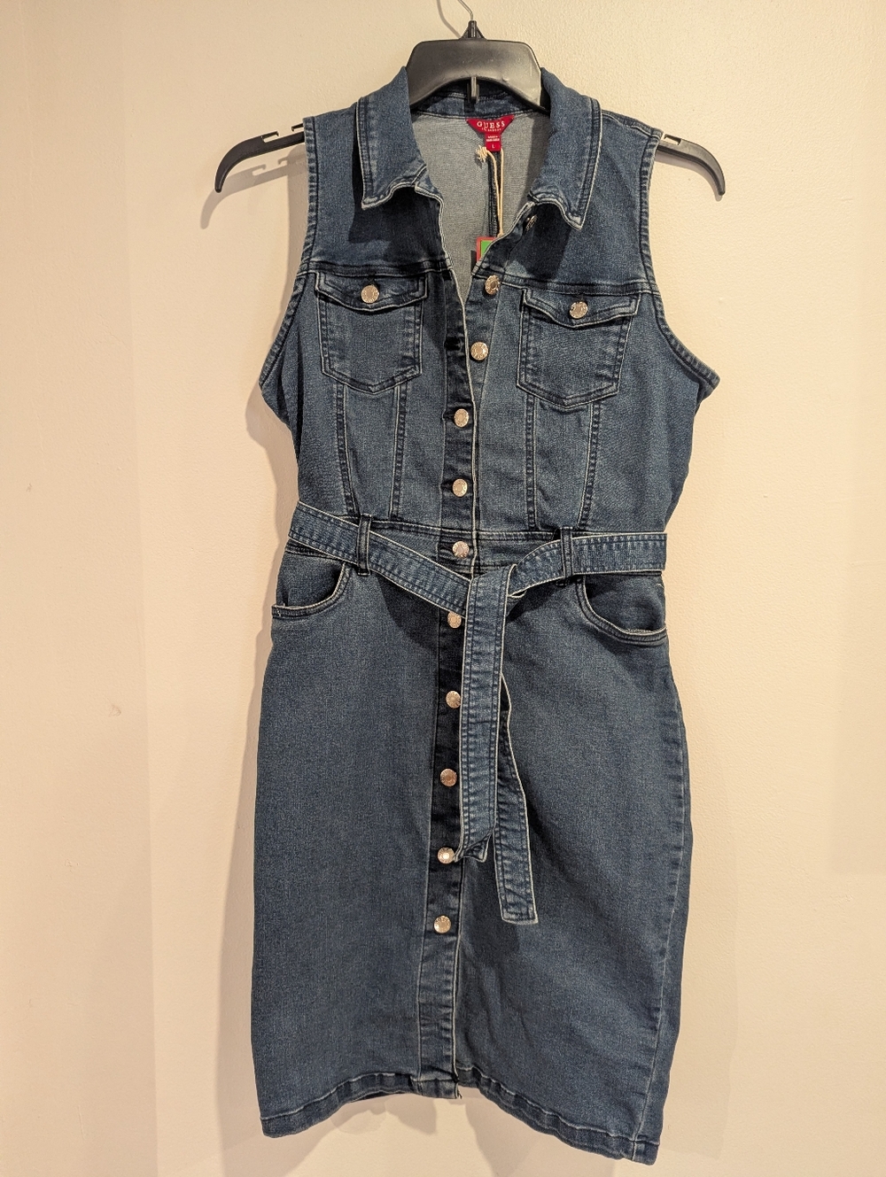 Guess Blue Denim Sleeveless Button-Front Dress with Belt